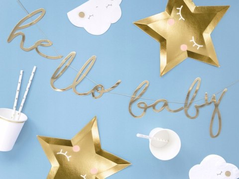 Baner HELLO BABY złoty lustrzany napis Baby Shower Baner HELLO BABY złoty lustrzany napis Baby Shower