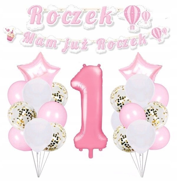 Balony z konfetti zestaw cyfra 1 na roczek różowe Balony z konfetti zestaw cyfra 1 na roczek różowe