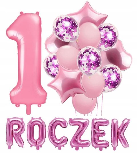 Wielki zestaw balony ozdoby na ROCZEK różowe HEL