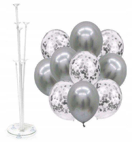 Balony z konfetti srebrne x10 + stojak do balonów Balony z konfetti srebrne x10 + stojak do balonów