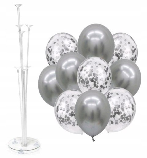 Balony z konfetti srebrne x10 + stojak do balonów Balony z konfetti srebrne x10 + stojak do balonów