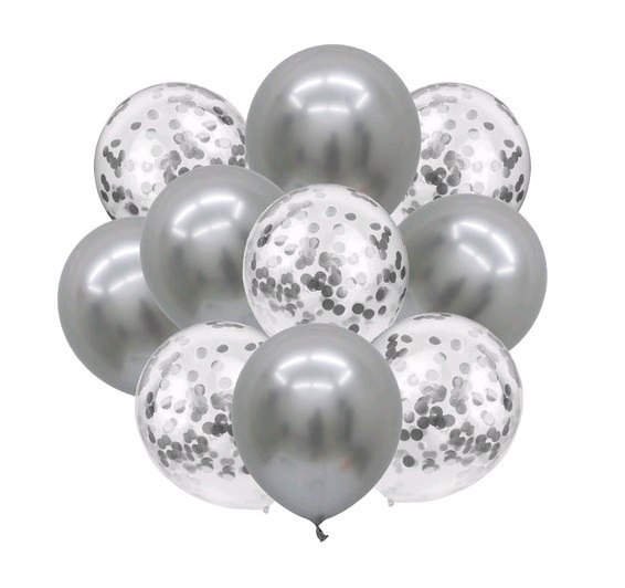 Balony z konfetti srebrne x10 + stojak do balonów Balony z konfetti srebrne x10 + stojak do balonów