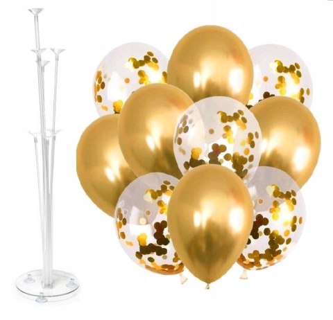 Balony z konfetti złote x10 + stojak do balonów Balony z konfetti złote x10 + stojak do balonów