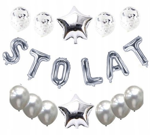 Srebrny napis baner sto lat balony z konfetti Srebrny napis baner sto lat balony z konfetti