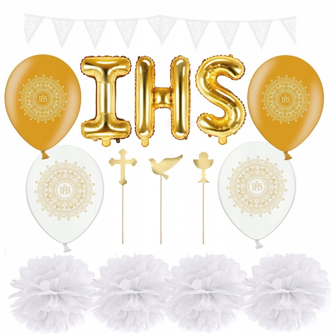 Balony napis IHS pompony topper na komunię ZESTAW Balony napis IHS pompony topper na komunię ZESTAW