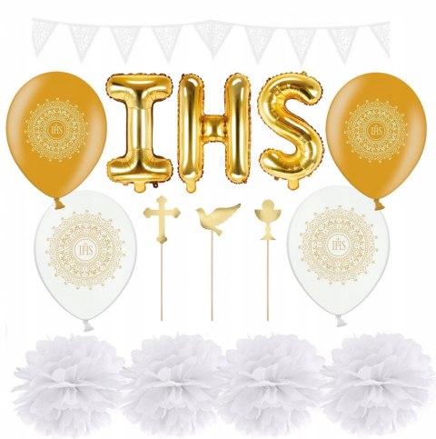 Balony napis IHS pompony topper na komunię ZESTAW Balony napis IHS pompony topper na komunię ZESTAW