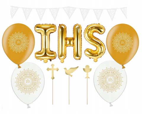 Balony napis IHS pompony topper na komunię ZESTAW Balony napis IHS pompony topper na komunię ZESTAW