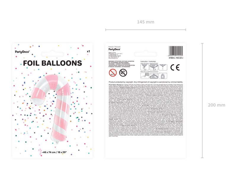Balon foliowy Cukrowa laska, 50x82cm, różowy Balon foliowy Cukrowa laska, 50x82cm, różowy