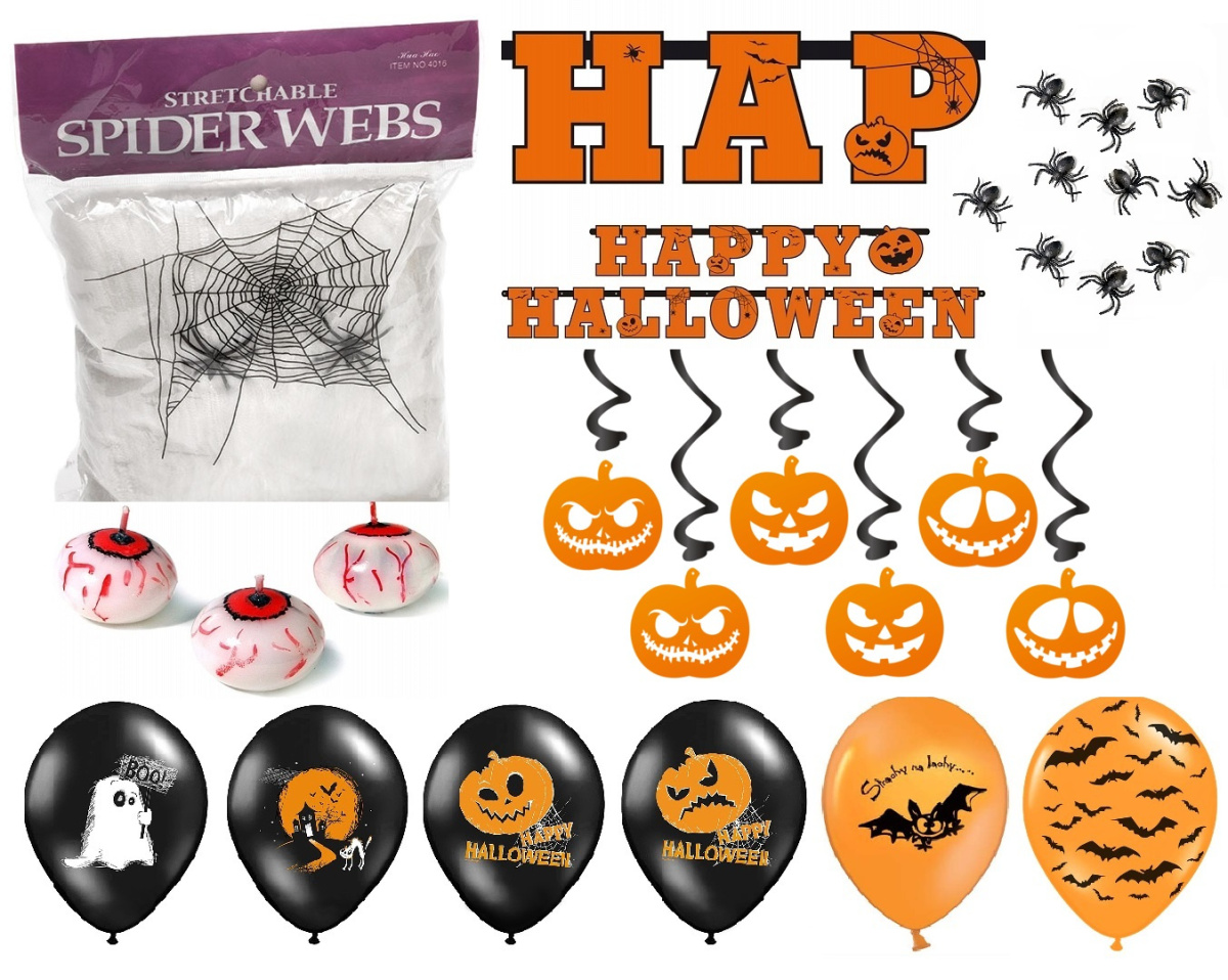 Dekoracje na Halloween balony pająki napis ZESTAW Dekoracje na Halloween balony pająki napis ZESTAW