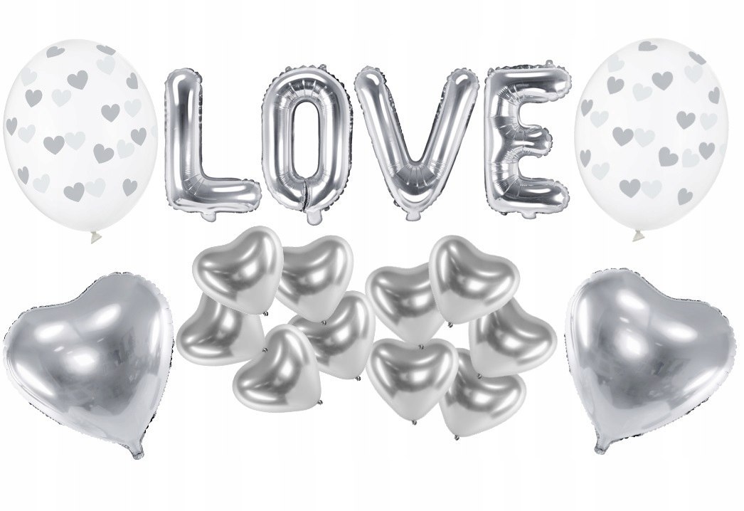 Balony serca srebrny napis LOVE na Walentynki Ślub Balony serca srebrny napis LOVE na Walentynki Ślub