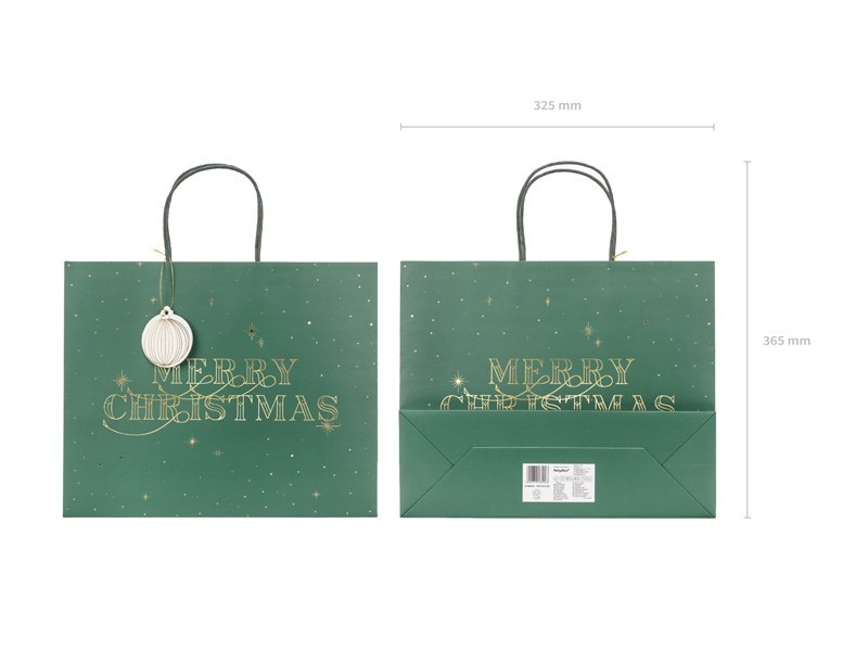 Torebka na prezenty Merry Christmas, butelkowa zieleń, 32.5x26.5x11.5cm