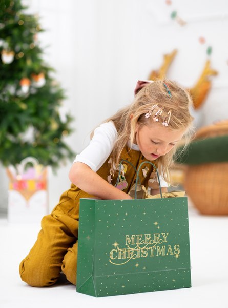 Torebka na prezenty Merry Christmas, butelkowa zieleń, 32.5x26.5x11.5cm