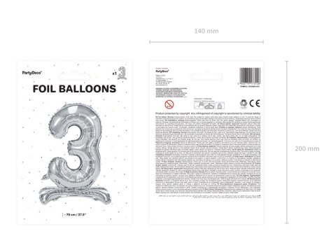 Stojący balon foliowy Cyfra ''3'', 70cm, srebrny Stojący balon foliowy Cyfra ''3'', 70cm, srebrny