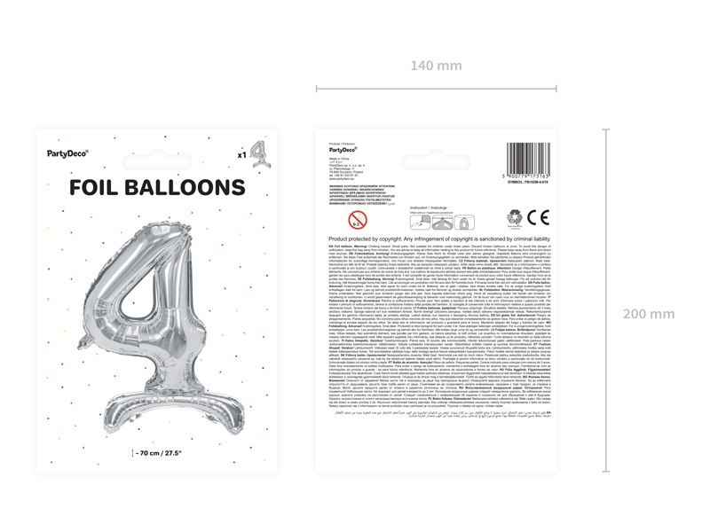 Stojący balon foliowy Cyfra ''4'', 70cm, srebrny