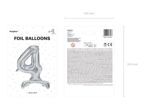 Stojący balon foliowy Cyfra ''4'', 70cm, srebrny Stojący balon foliowy Cyfra ''4'', 70cm, srebrny