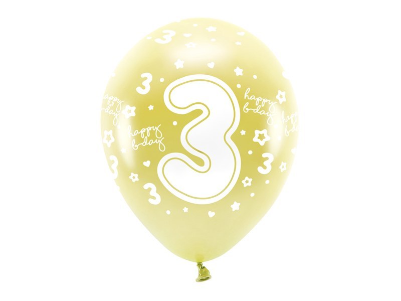 Balony Eco 33 cm, Cyfra '' 3 '', jasny złoty (1 op. / 6 szt.) Balony Eco 33 cm, Cyfra '' 3 '', jasny złoty (1 op. / 6 szt.)