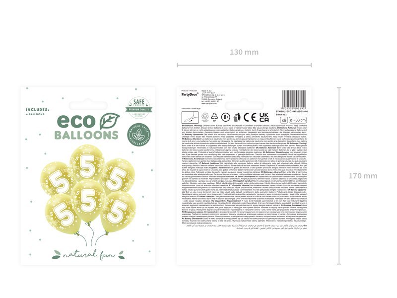 Balony Eco 33 cm, Cyfra '' 5 '', jasny złoty (1 op. / 6 szt.) Balony Eco 33 cm, Cyfra '' 5 '', jasny złoty (1 op. / 6 szt.)