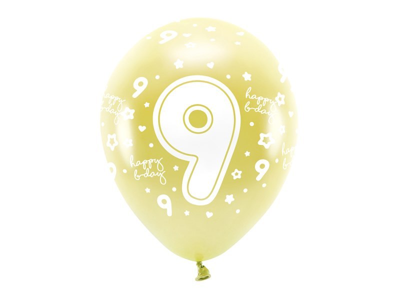 Balony Eco 33 cm, Cyfra ''9'', jasny złoty (1 op. / 6 szt.) Balony Eco 33 cm, Cyfra ''9'', jasny złoty (1 op. / 6 szt.)