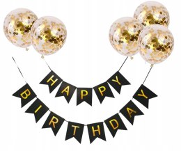 Baner Happy Birthday czarno złoty balony konfetti