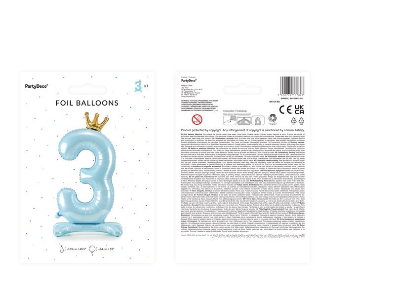 Stojący balon foliowy cyfra "3" , 84 cm, błękit
