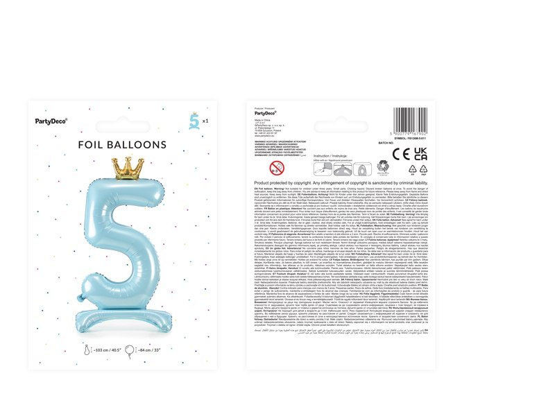 Stojący balon foliowy cyfra "5" , 84 cm, błękit