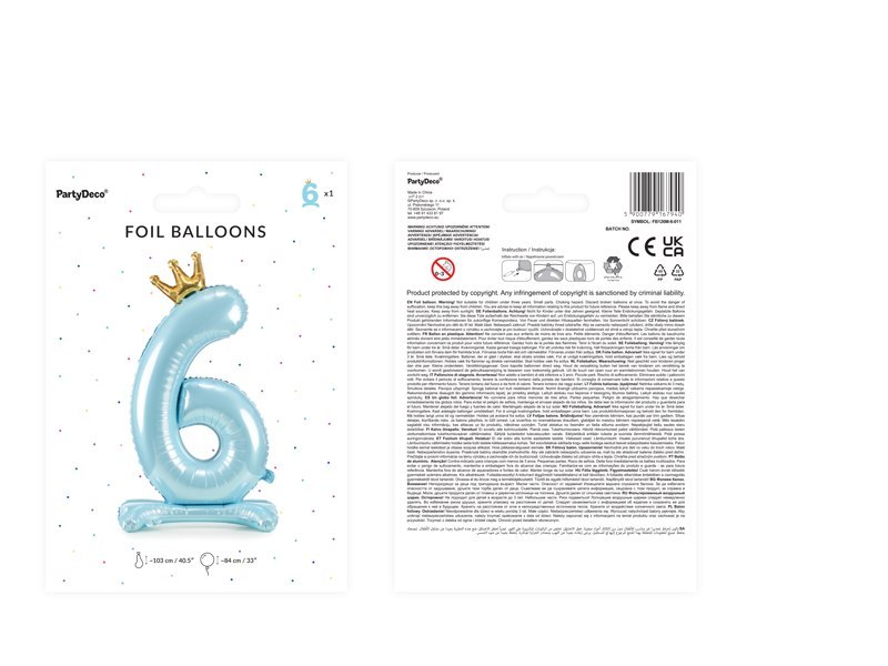 Stojący balon foliowy cyfra " 6 " , 84 cm, błękit
