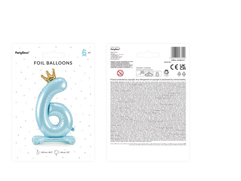 Stojący balon foliowy cyfra " 6 " , 84 cm, błękit Stojący balon foliowy cyfra " 6 " , 84 cm, błękit