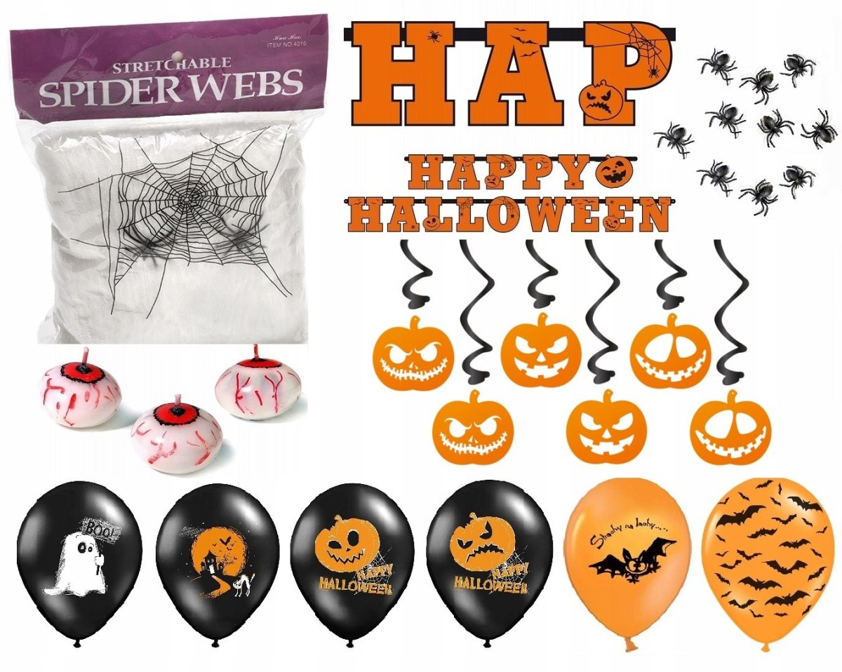 Dekoracje na Halloween balony pająki napis ZESTAW Dekoracje na Halloween balony pająki napis ZESTAW