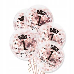 Balony konfetti różowe złoto na roczek 1 urodziny