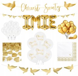 Balony serwetki złote dekoracje na Chrzest ZESTAW