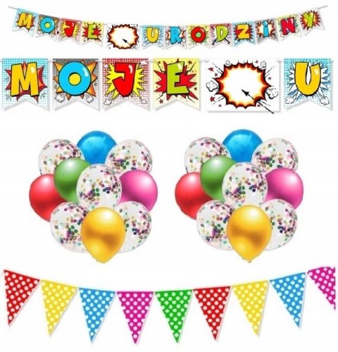 Zestaw na urodziny kolorowe balony konfetti baner Zestaw na urodziny kolorowe balony konfetti baner