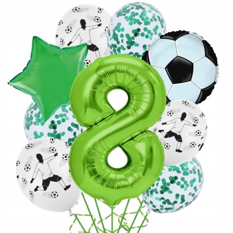Balony urodzinowe zielona cyfra 8 na ósme piłkarskie urodziny piłka nożna