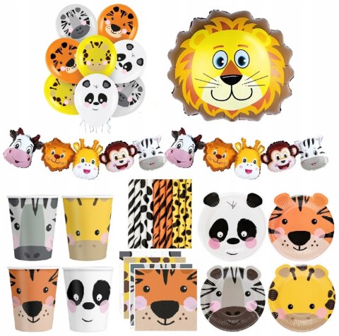 Balony zwierzątka dekoracje safari zoo kubeczki talerzyki roczek urodziny