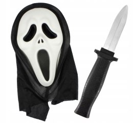 Maska Krzyk + fałszywy nóż z chowanym ostrzem
