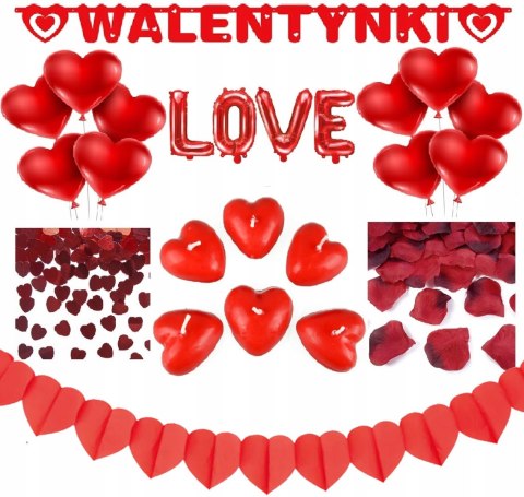 Świece serca sztuczne płatki róż na Walentynki napis LOVE balony serca x10 Świece serca sztuczne płatki róż na Walentynki napis LOVE balony serca x10