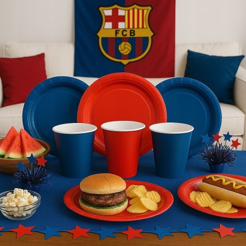 Talerzyki kubeczki papierowe urodzinowe FC Barcelona piłka nożna 12 kpl.