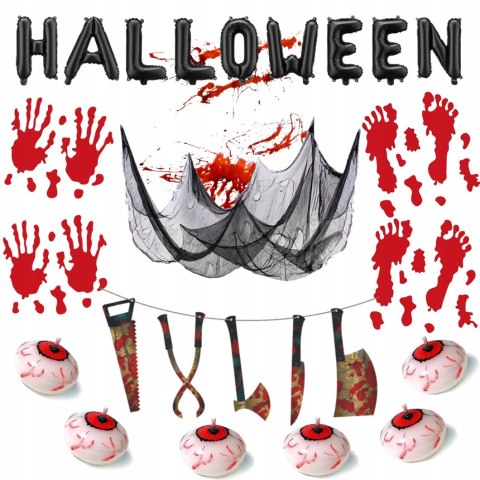 Zestaw Dekoracji na Halloween Krwawe Ślady Pajęczyna Świeczki Gałki Oczne